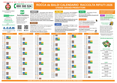 Calendario anno 2026 raccolta rifiuti porta a porta