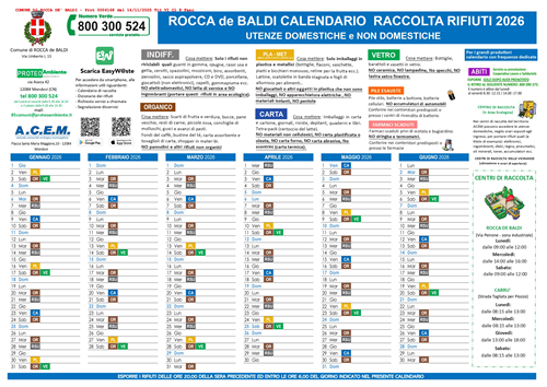 Calendario anno 2026 raccolta rifiuti porta a porta