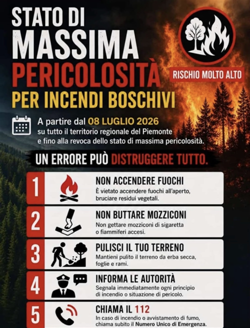 Dichiarazione stato di massima pericolosità incendi boschivi a partire dall' 8 luglio 2026